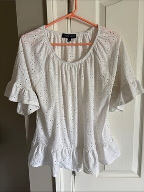 White Eyelet Ruffle-Sleeve Cotton Top
